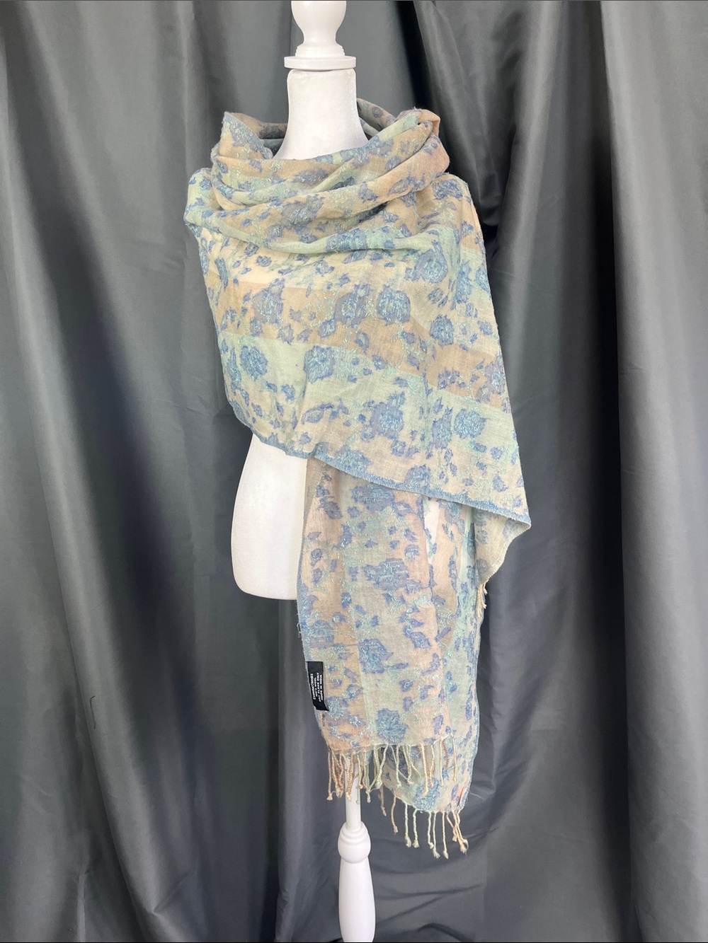 Light Blue & Cream Floral Fringe Wrap Scarf - Women Accessories